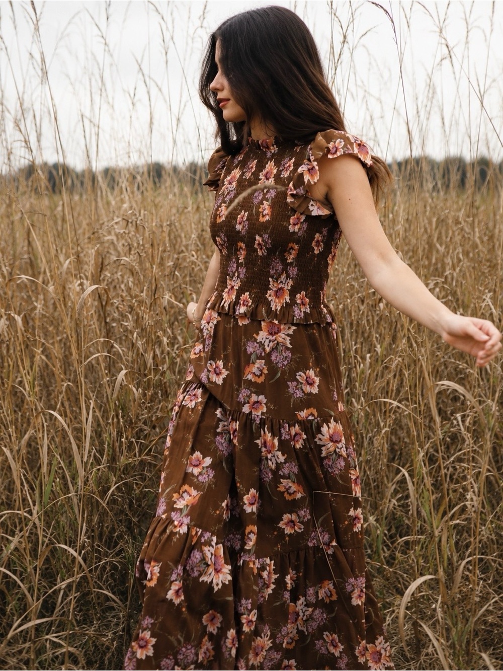 Sea New York | Cottage Core Sylvie Floral  Dress Pink Blossoms in Toffee ~ US 12